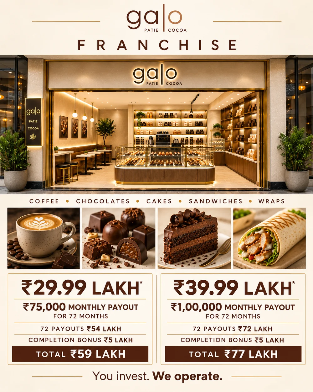 Galo franchise — 2.5% monthly payout for 72 months, plans from Rs 29.99 lakh